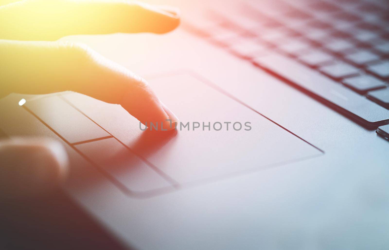 Close up picture of hands using a notebook touchpad, sunshine
