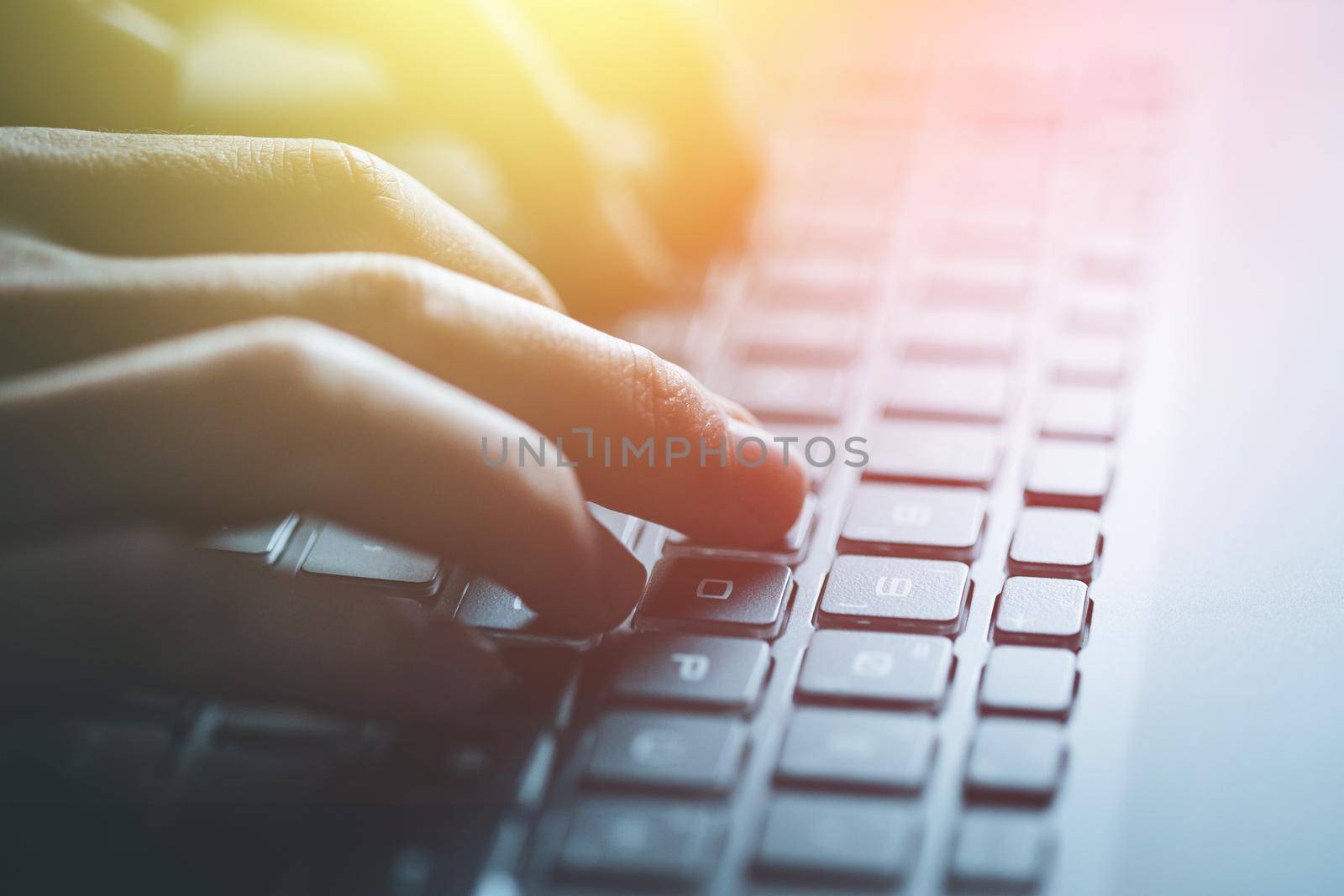 Close up picture of hands typing on a notebook keyboard, sunshine