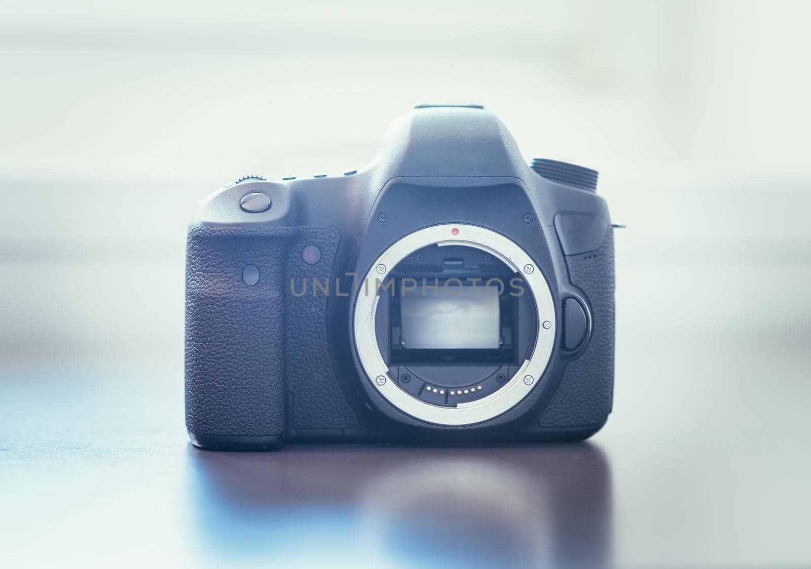 Professional reflex camera on a table, camera sensor