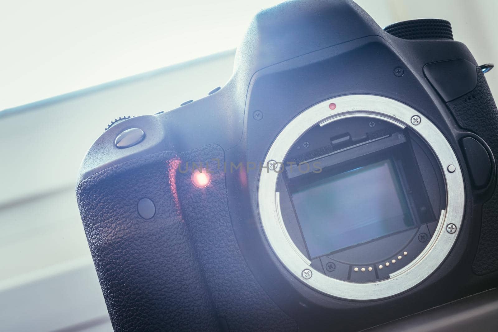 Professional reflex camera on a table, camera sensor