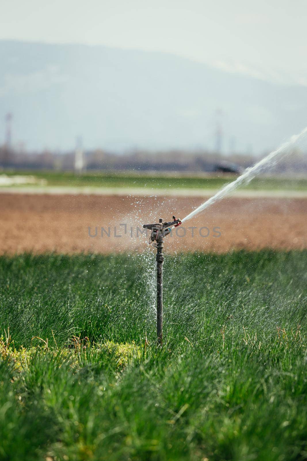 Irrigation plant on an agriculture field, summer day, soil