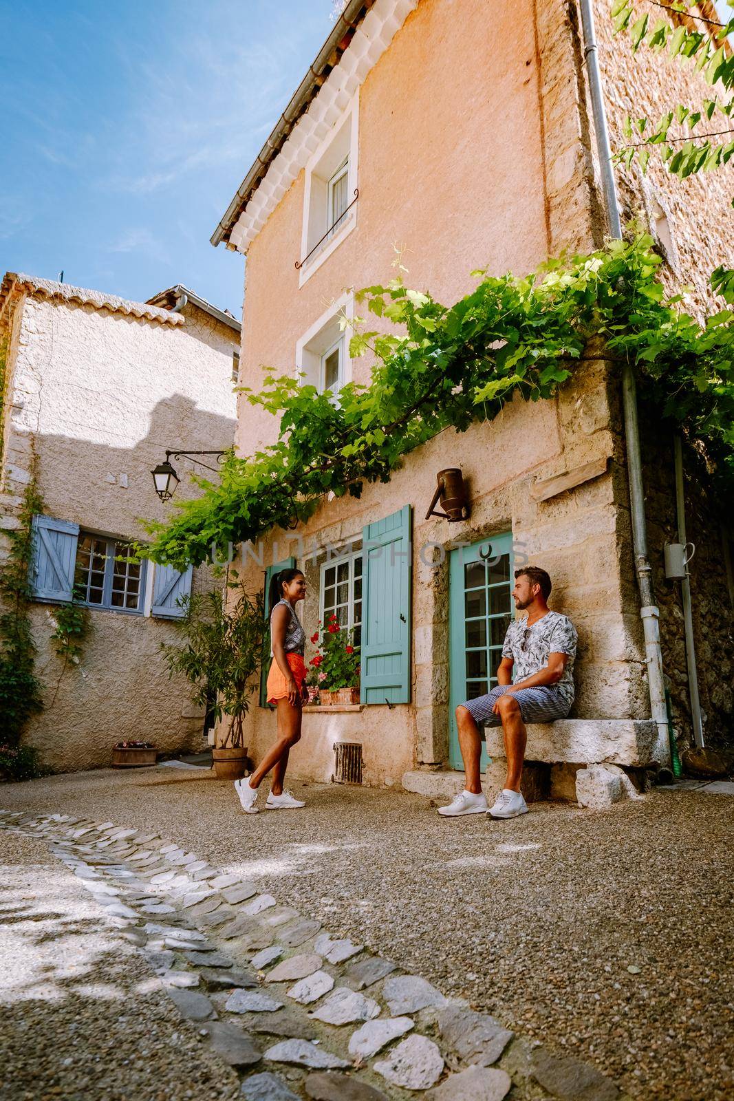 The Village of Moustiers-Sainte-Marie, Provence, France June 2020, couple visit the Provence by fokkebok