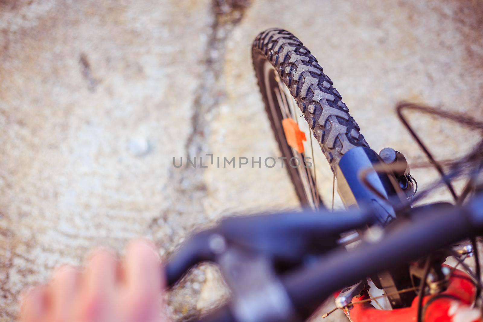 Close up picture of a mountain bike tyre, blurry handlebar, summer day