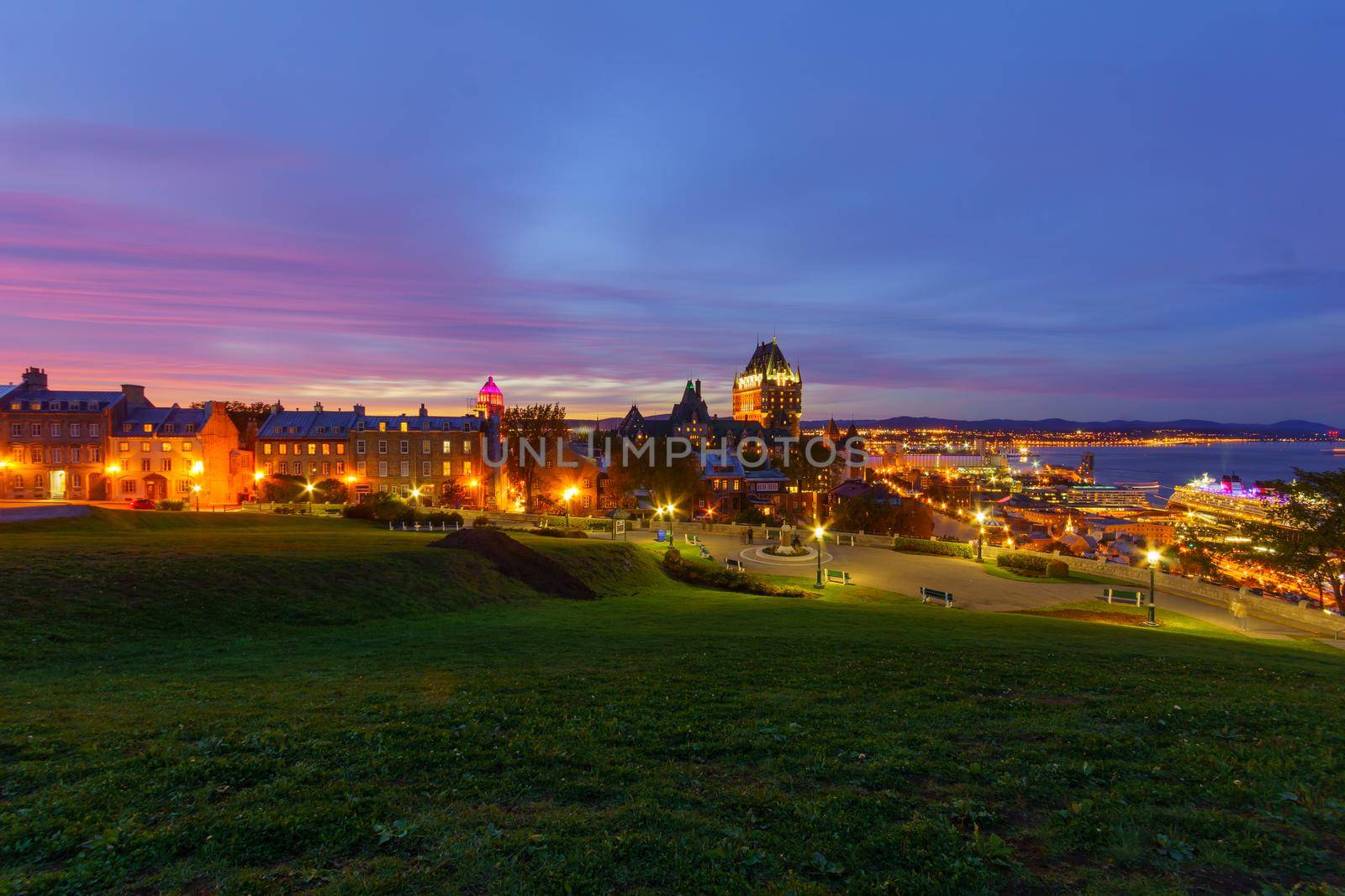 Sunset view of the old town and the Saint Lawrence River from the citadel, Quebec City, Quebec, Canada