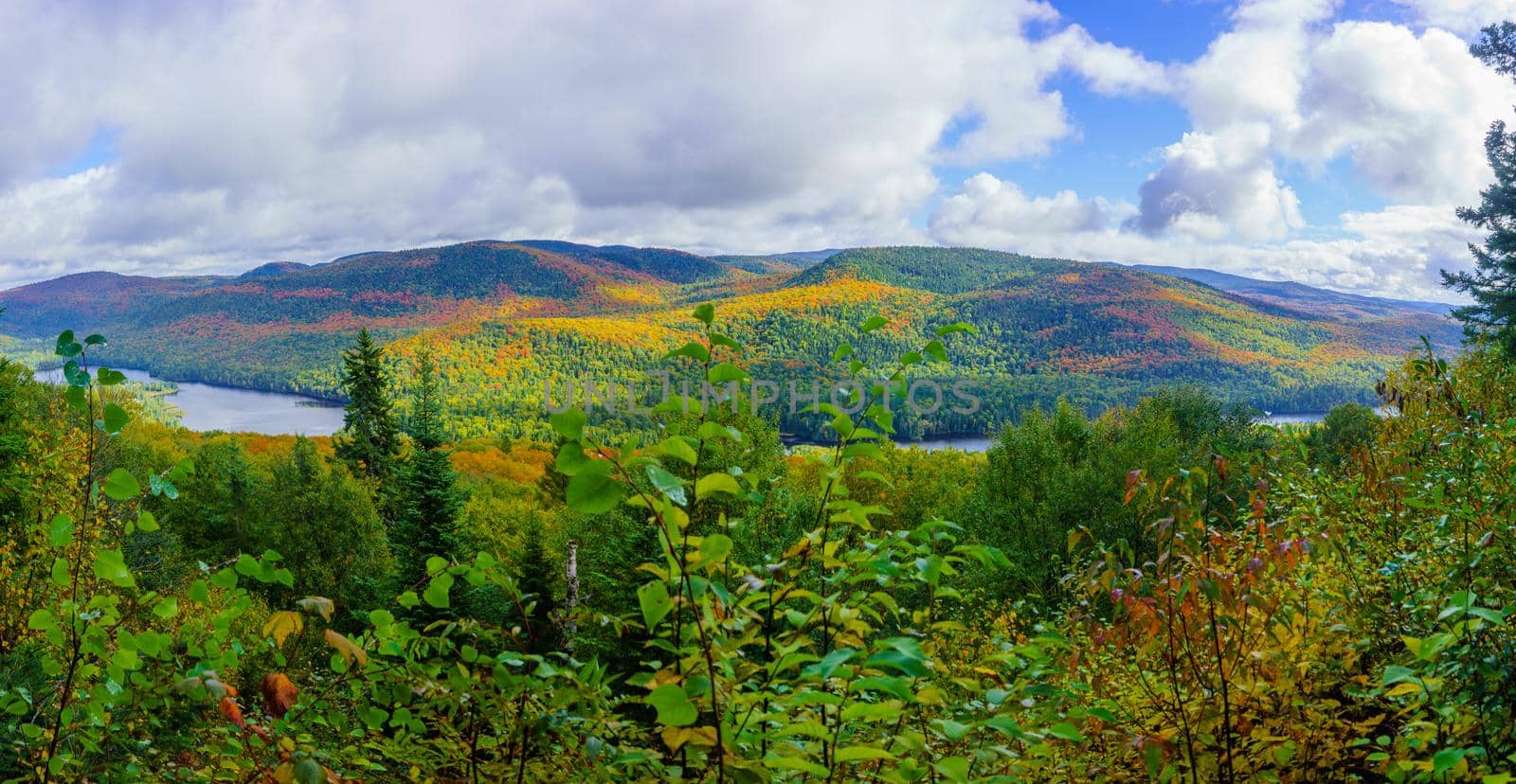 View of La Pimbina valley with fall foliage colors in Mont Tremblant National Park, Quebec, Canada