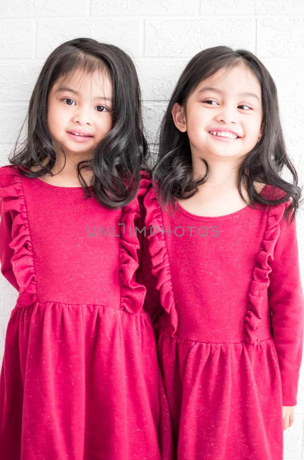 An Identical twin girls sisters are posing for the camera. Happy twin sisters in dresses are looking at the camera and smiling. Frontal view, on white background