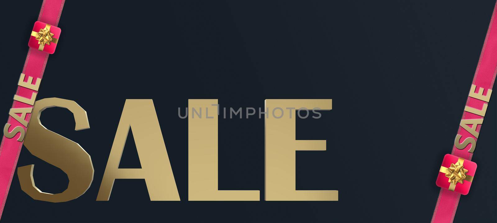 Horizontal Sales banner. Word Sale, pink ribbons on blue black background. 3D rendering. Modern sale background