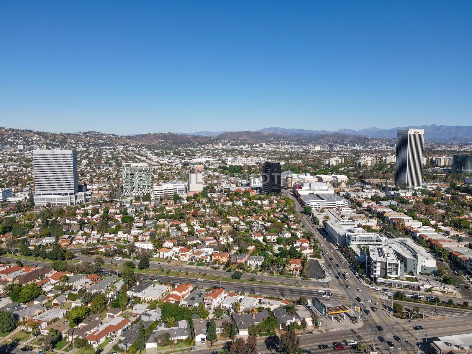 Aerial view above Mid-City neighborhood in Central Los Angeles, California. USA