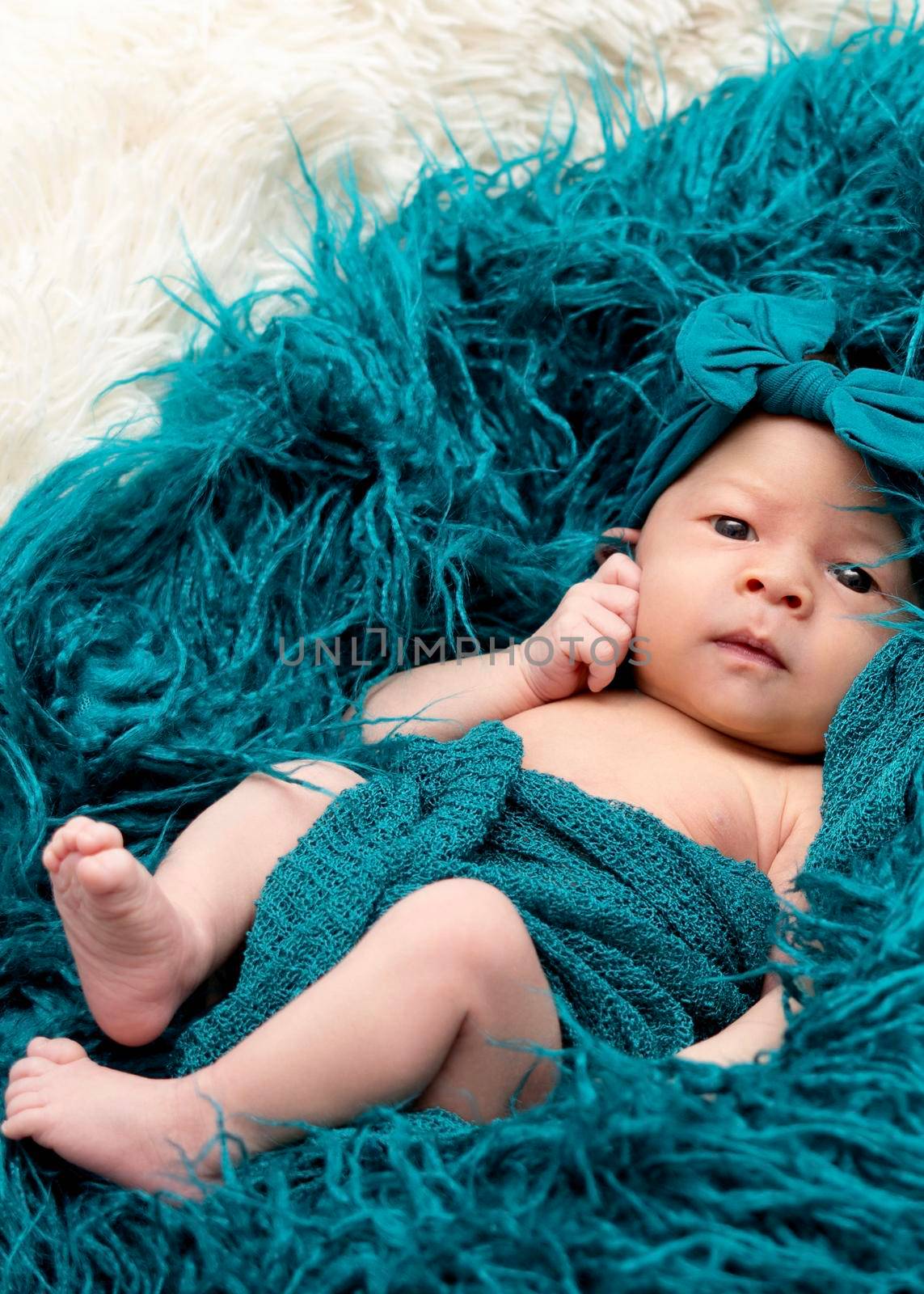 Newborn baby 2 weeks old in blue fluffy blanket. Portrait of pretty newborn baby.