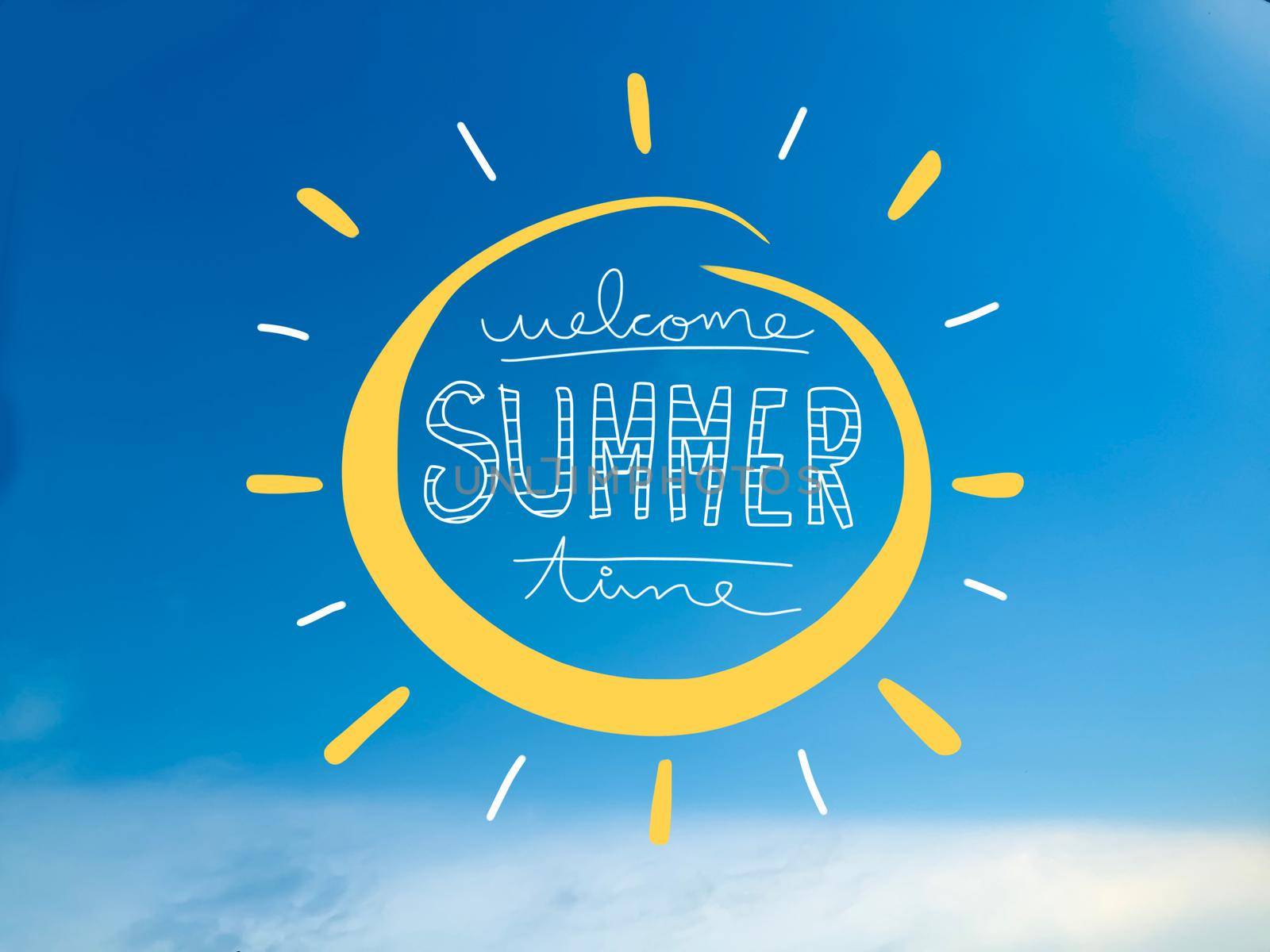 Welcome summer time word lettering and sun on blue sky