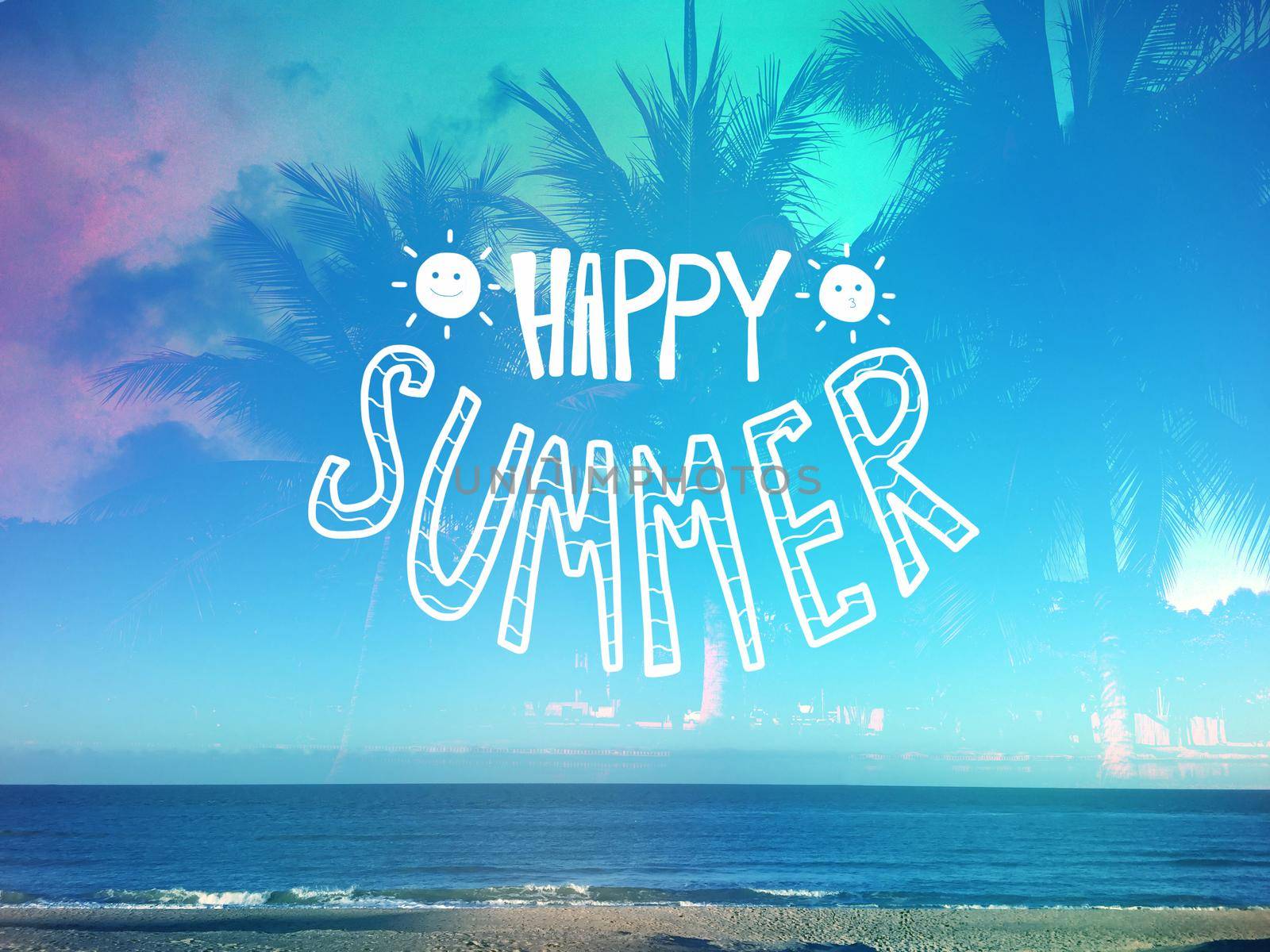 Happy Summer word on beach and palm tree background