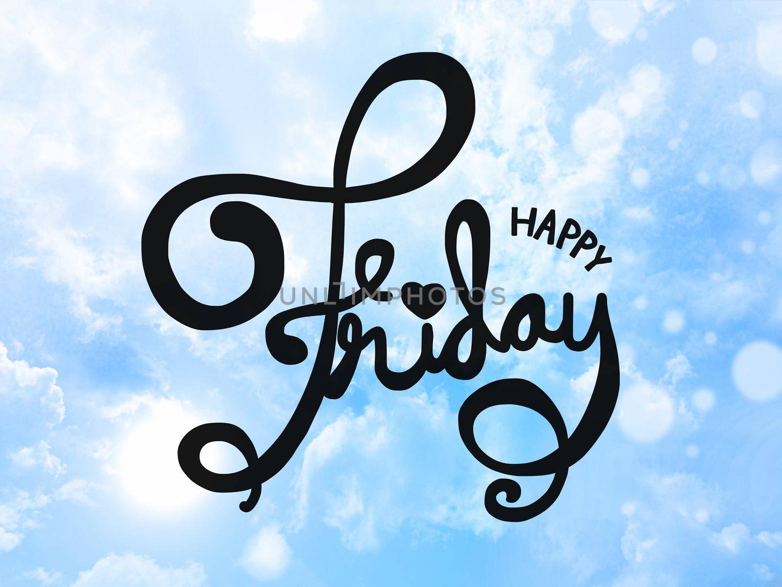 Happy Friday word lettering on blue sky bokeh effect by Yoopho