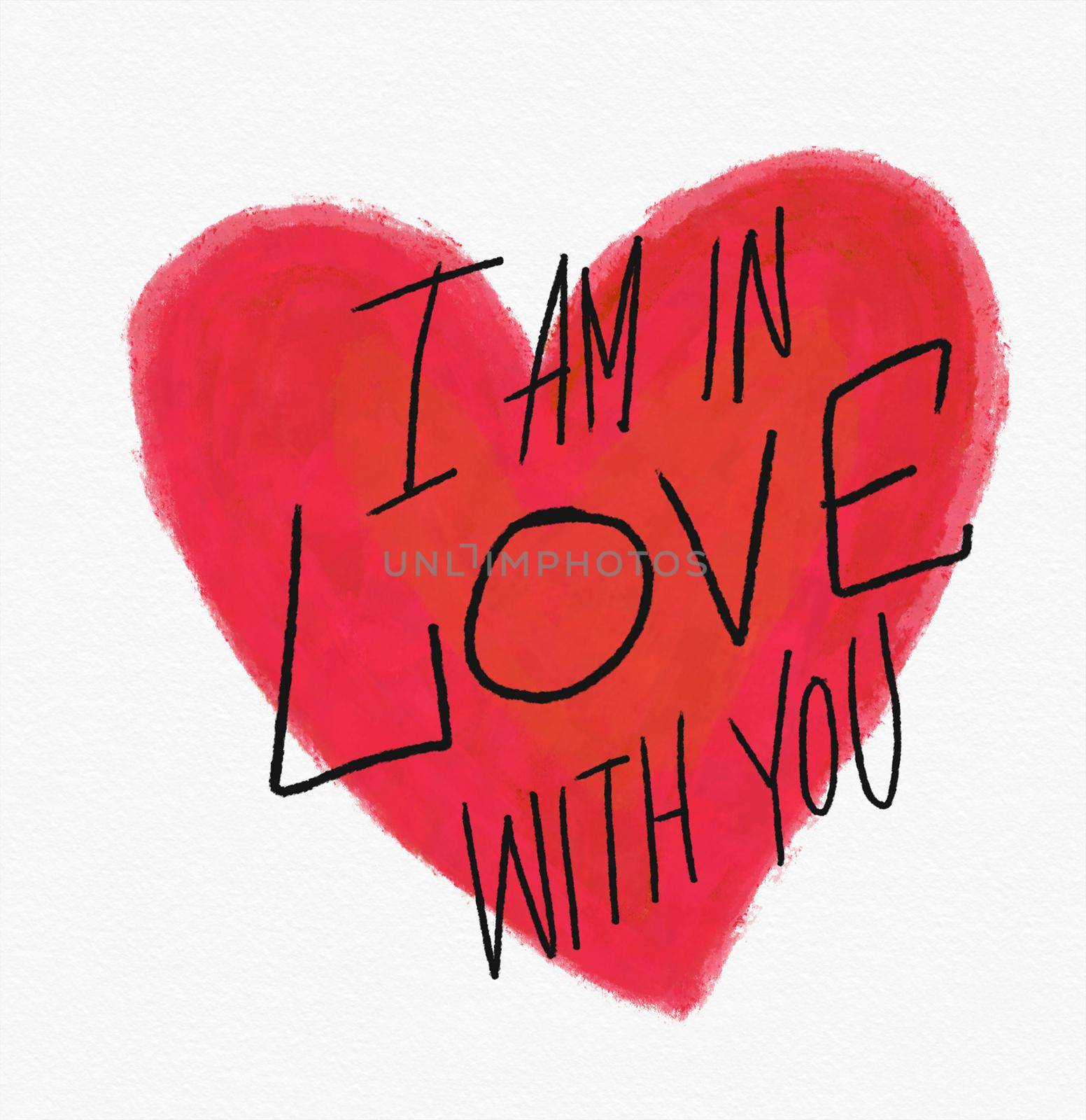 I am in love with you word and red heart watercolor painting illustration by Yoopho