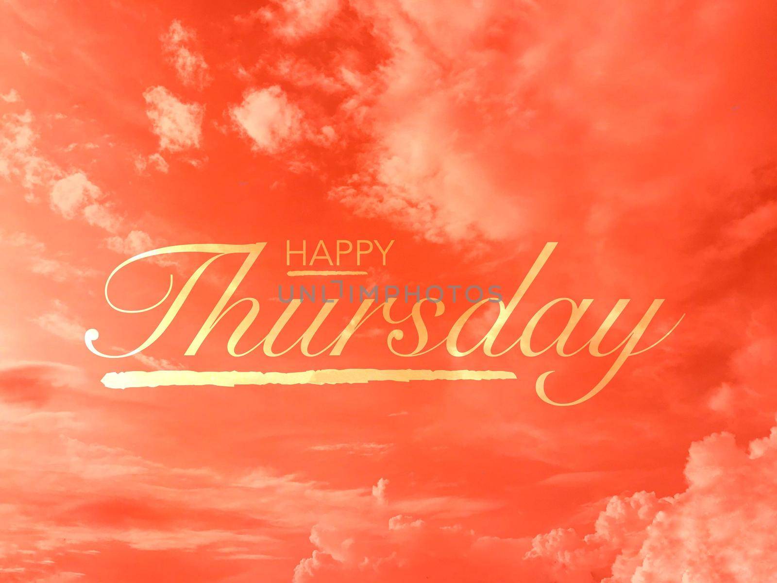 Happy Thursday word on orange sky and cloud background by Yoopho