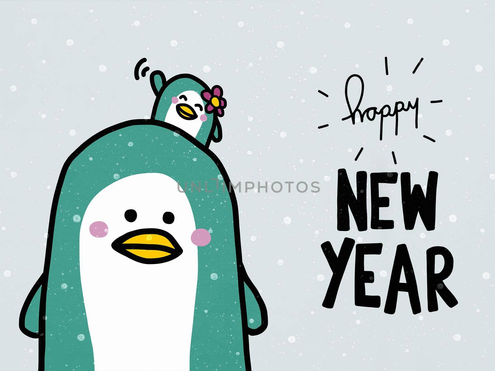 Happy New Year word and cute couple penguin lover cartoon illustration doodle style by Yoopho