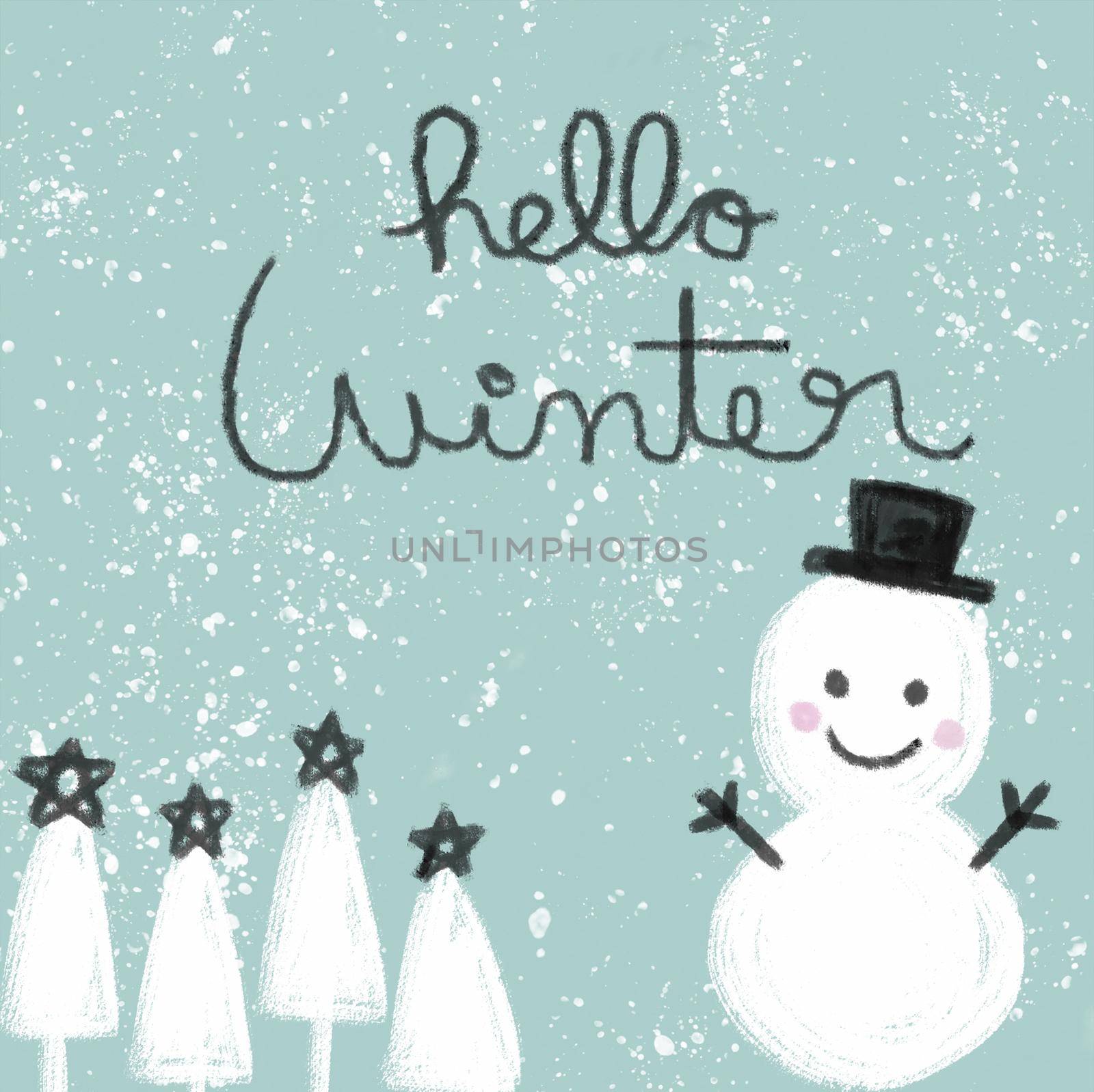 Hello Winter word and snowman watercolor painting illustration