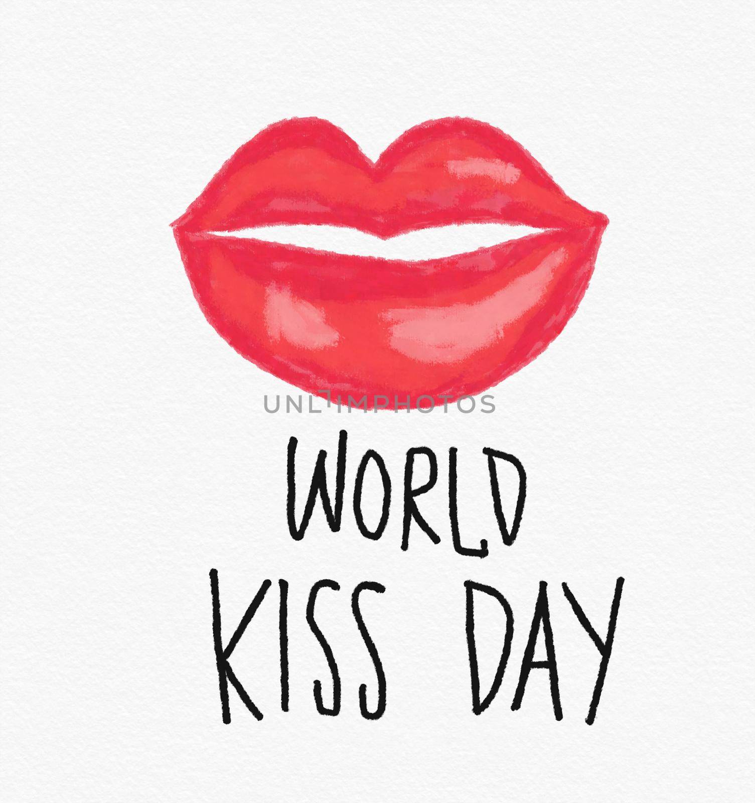 World kiss day word and red lip watercolor painting illustration by Yoopho