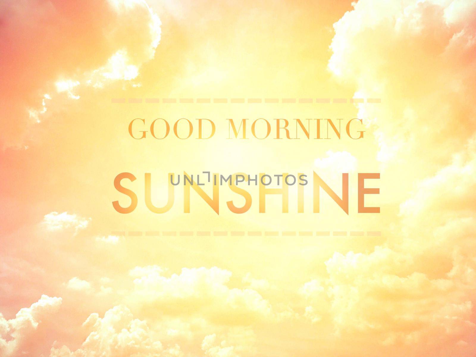 Good morning sunshine word on gold sky and cloud background by Yoopho