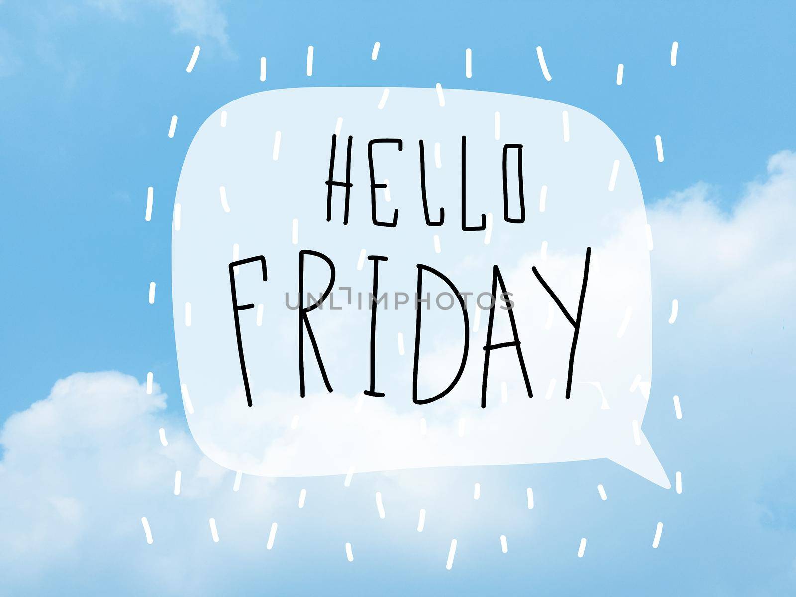 Hello Friday word bubble on blue sky background