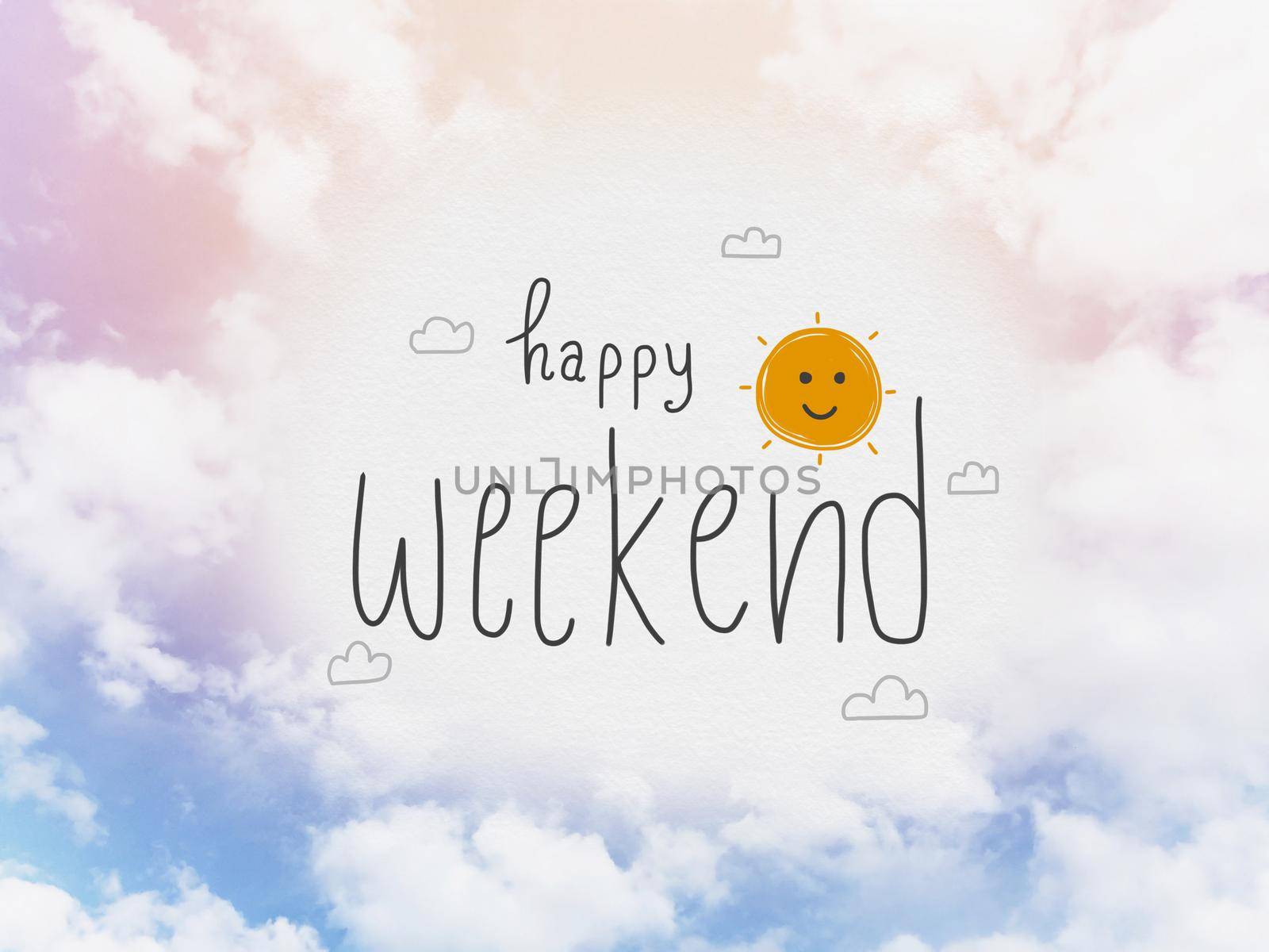 Happy weekend word and cute sun smile cartoon on pink and blue pastel sky and cloud background by Yoopho