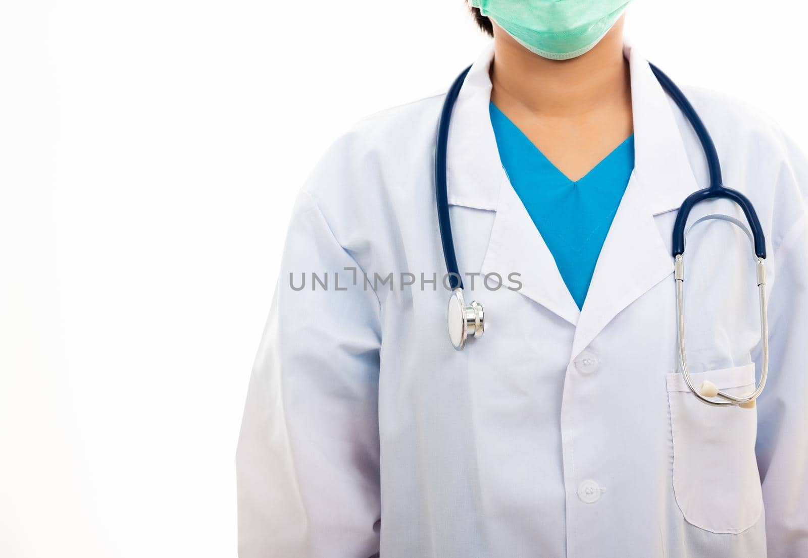 A confident female nurse standing with stethoscope, woman doctor in white uniform, studio shot isolated on over white background, medical health concept