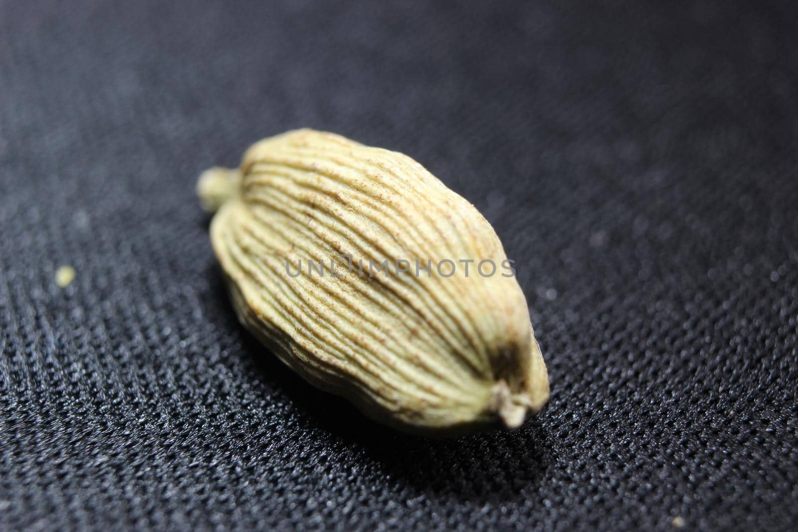 Closeup top view of dried green Elettaria cardamomum fruits with seeds, cardamom spice scattered on white background