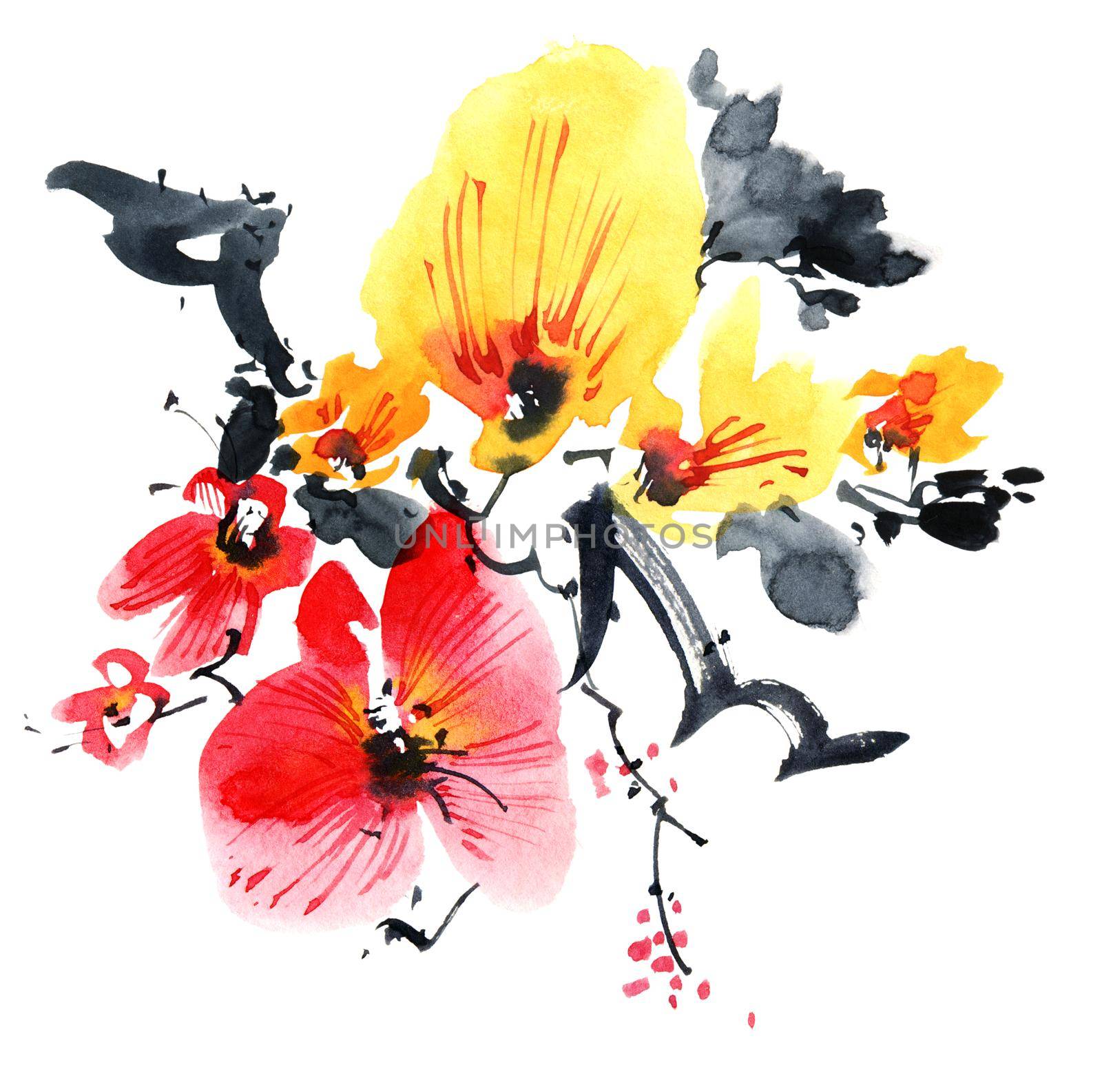 Watercolor and ink illustration of blossom sakura tree with flowers and buds. Oriental traditional painting in style sumi-e, u-sin and gohua.