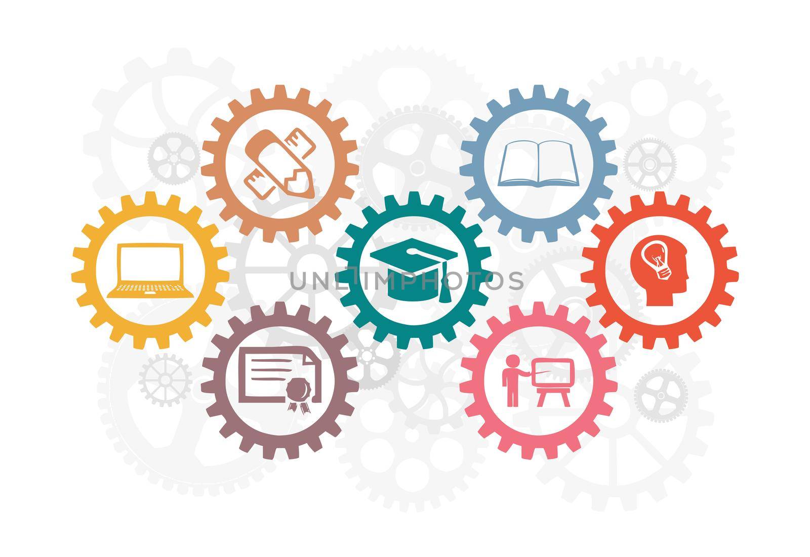 An education concept with gears, related with university and work, industrial education, clipart, education related illustration, graduation, diploma by mrceviz