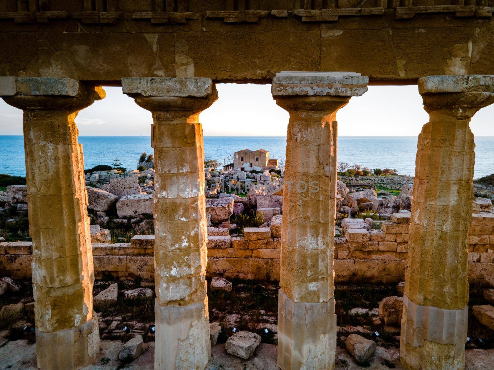 Greek temples at Selinunte, View on sea and ruins of greek columns in Selinunte Archaeological Park Sicily Italy