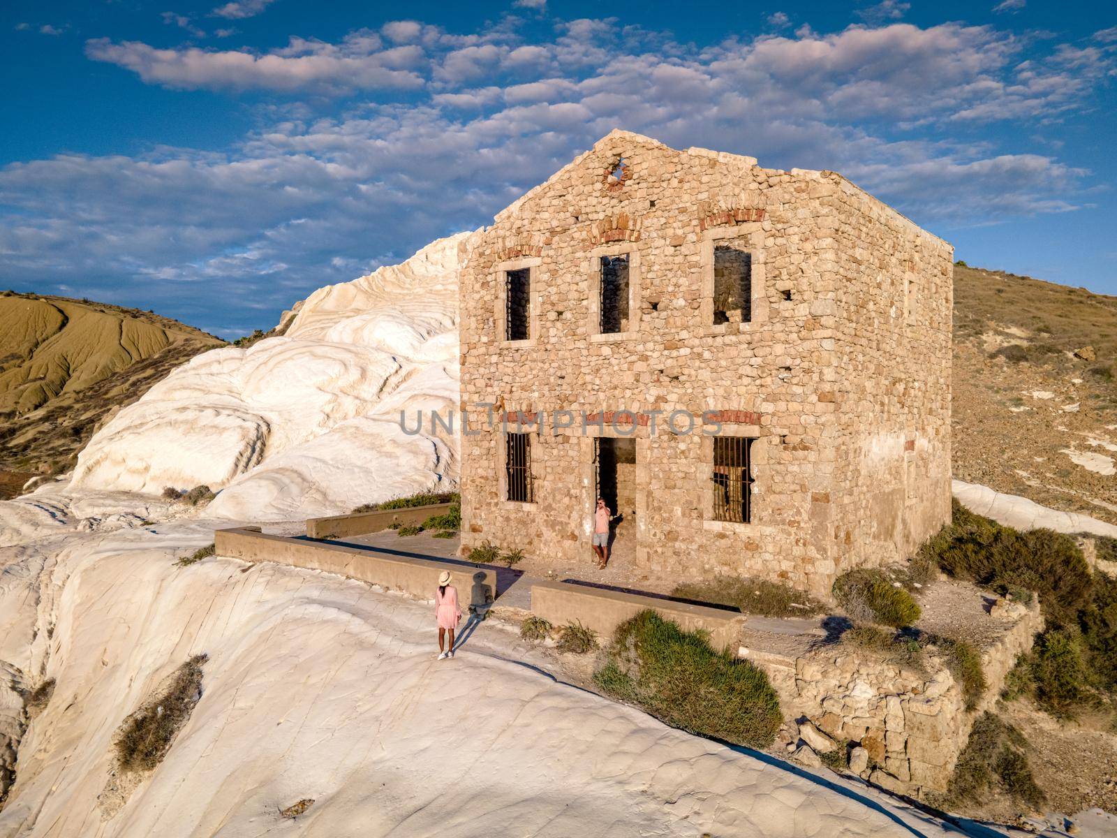 Punta Bianca, Agrigento in Sicily Italy White beach with old ruins of abandoned stone house on white cliffs by fokkebok