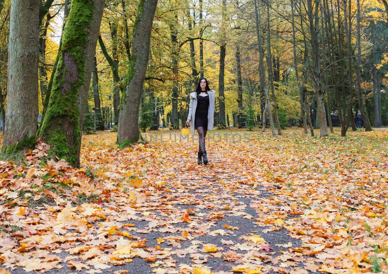 young girl in a gray coat walking on an alley in a city park on an autumn day