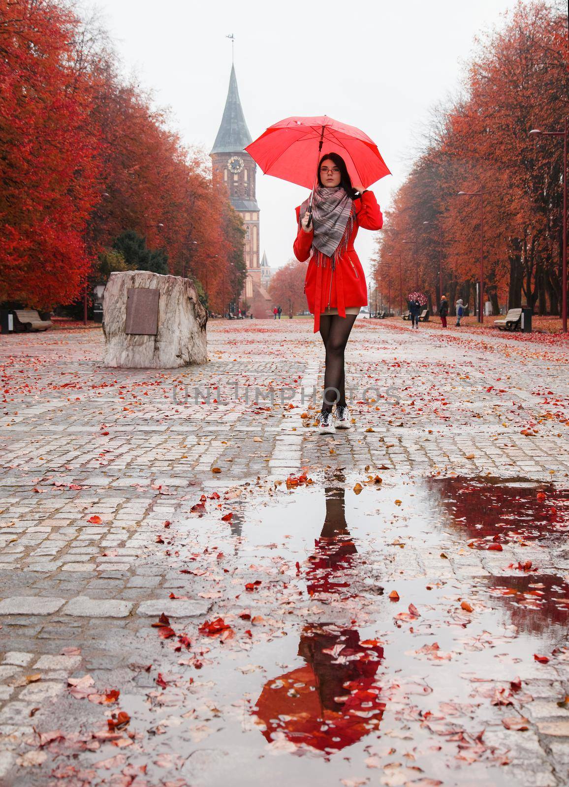 young girl with an umbrella stands on the alley of the park after the rain by raddnatt