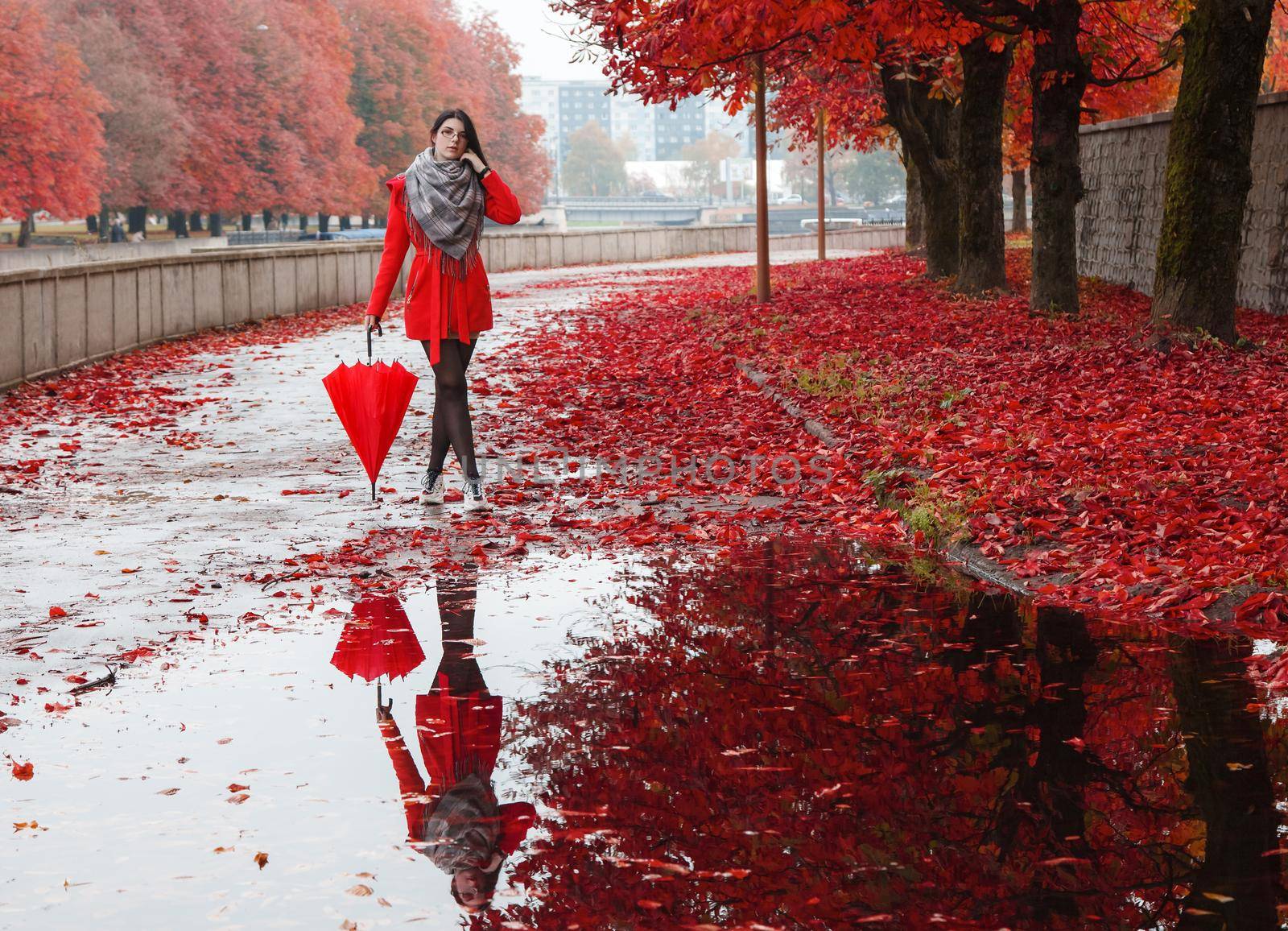 young girl with an umbrella stands on the alley of the park after the rain by raddnatt