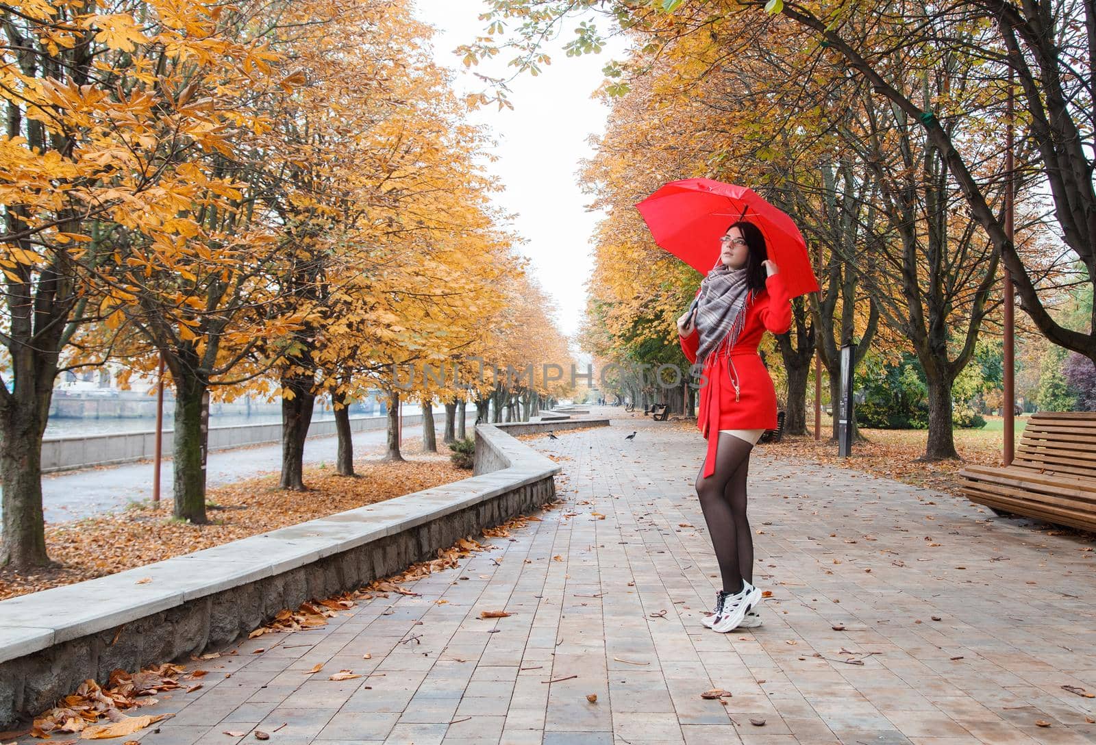 young girl in a red coat with an umbrella standing on the alley by raddnatt