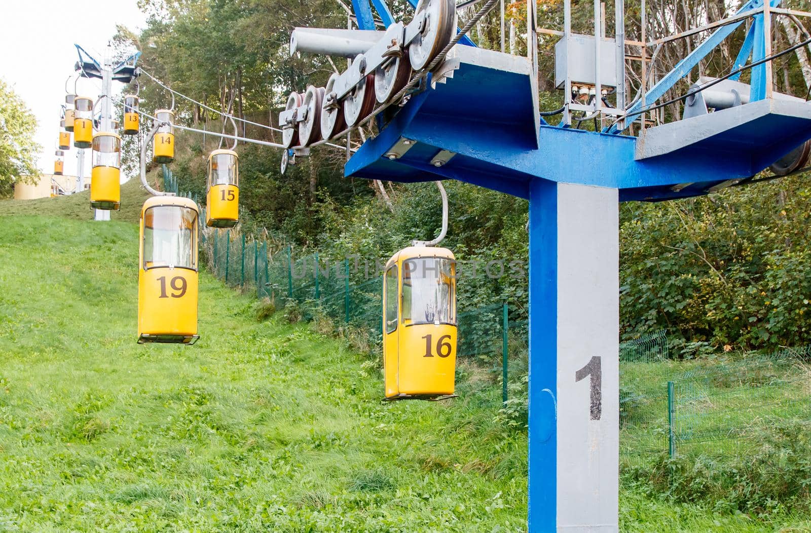 cable car in the resort town on sunny autumn day