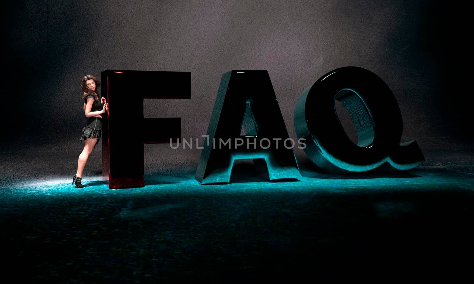 Girl leaning on FAQ text at dark background. Three-dimensional rendering with shadows and reflections - 3d rendering