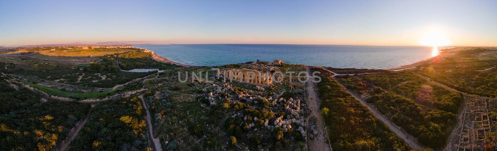 Greek temples at Selinunte, View on sea and ruins of greek columns in Selinunte Archaeological Park Sicily Italy