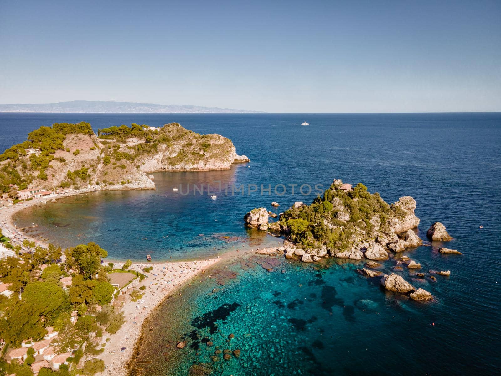 Isola Bella at Taormina, Sicily, Aerial view of the island and Isola Bella beach and blue ocean water in Taormina, Sicily, Italy Europe