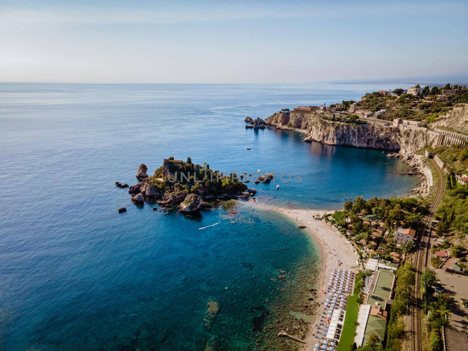 Isola Bella at Taormina, Sicily, Aerial view of the island and Isola Bella beach and blue ocean water in Taormina, Sicily, Italy Europe