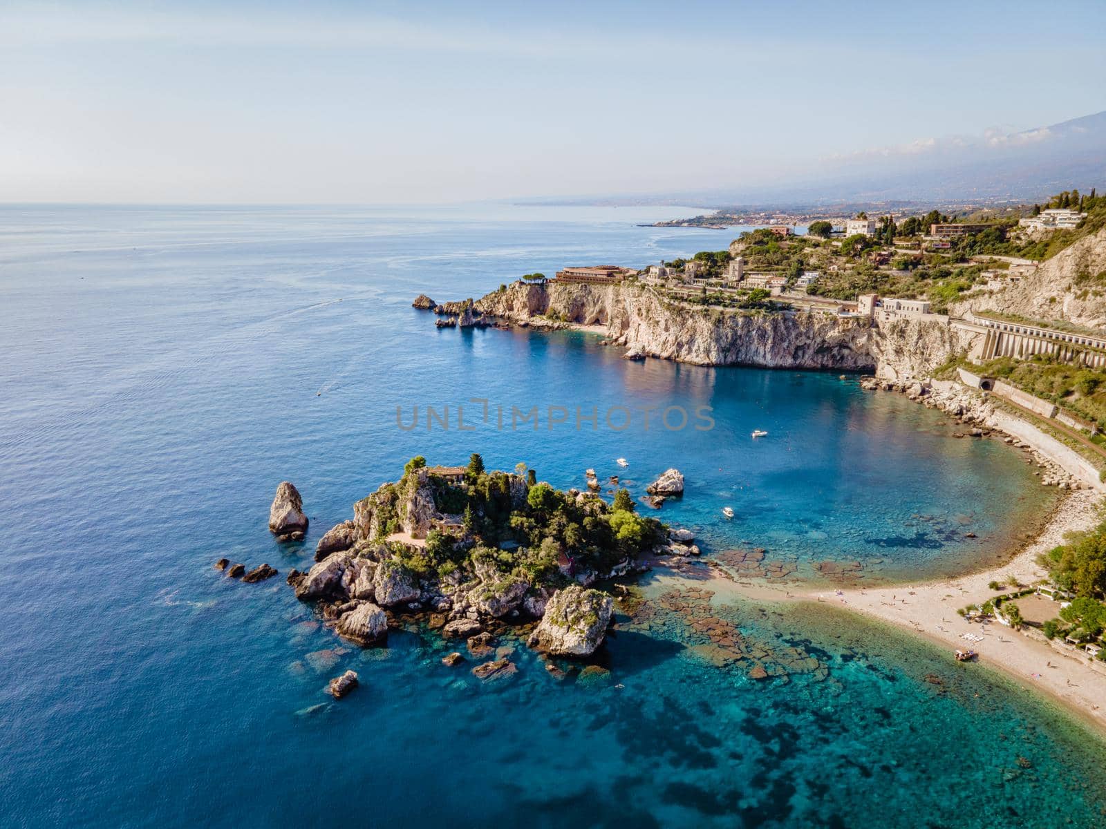 Isola Bella at Taormina, Sicily, Aerial view of the island and Isola Bella beach and blue ocean water in Taormina, Sicily, Italy Europe