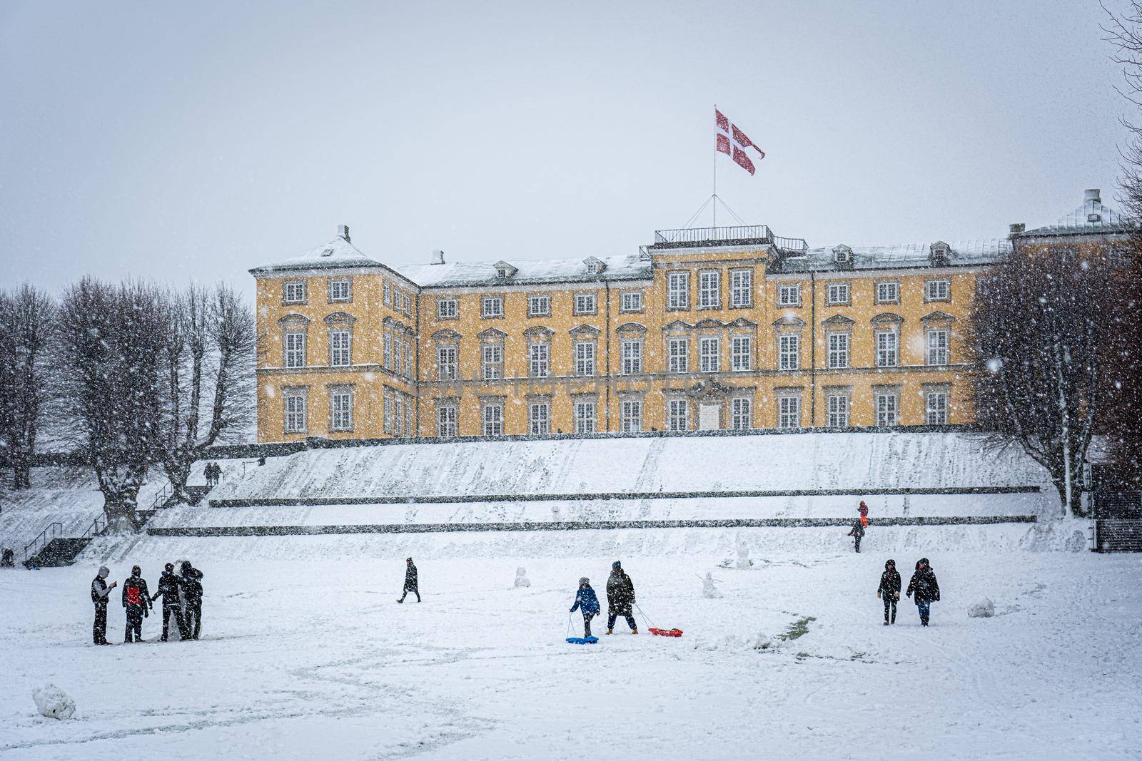 Copenhagen, Denmark - January 06, 2021: People enjoying a snowy winter day in front of the palace in Frederiksberg Gardens