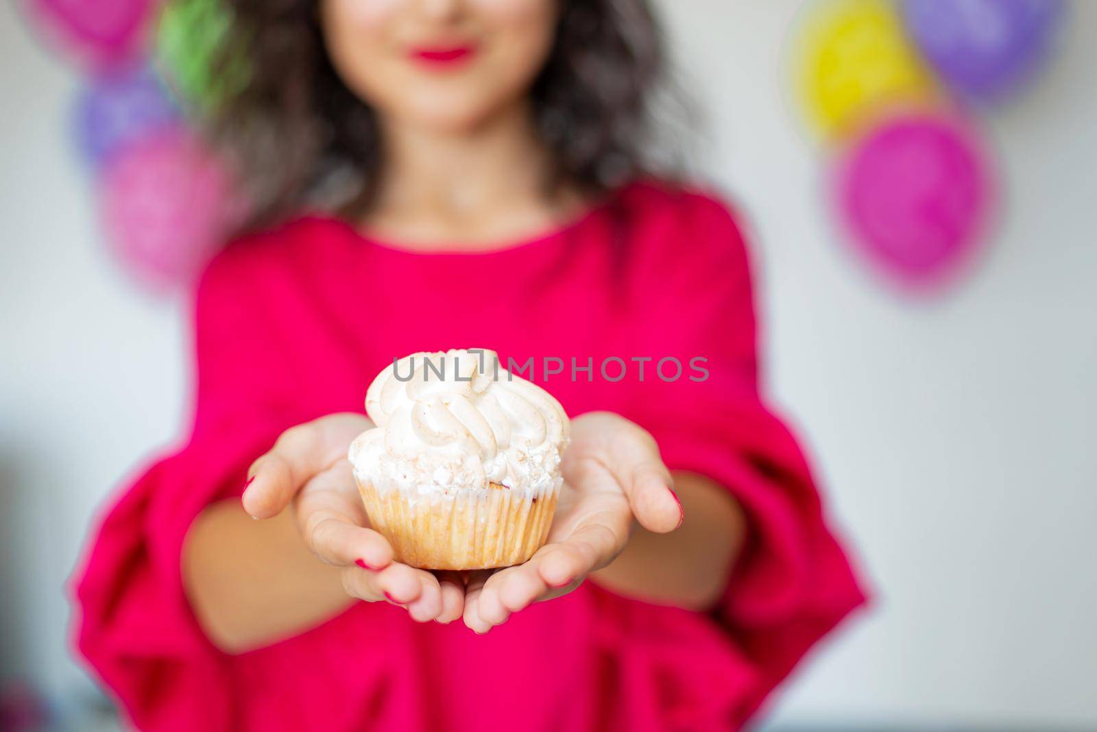 Happy Birthday. Sexy brunette girl posing with balloons, fireworks, colorful balloons and holiday cake on a white background by Try_my_best