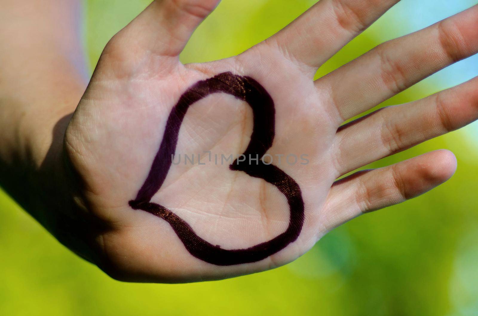 Love in man's hands with lots of feelings and emotions from relationship  concept suggested by a heart drawn on palm over. Valentines or mother day. World heart day.