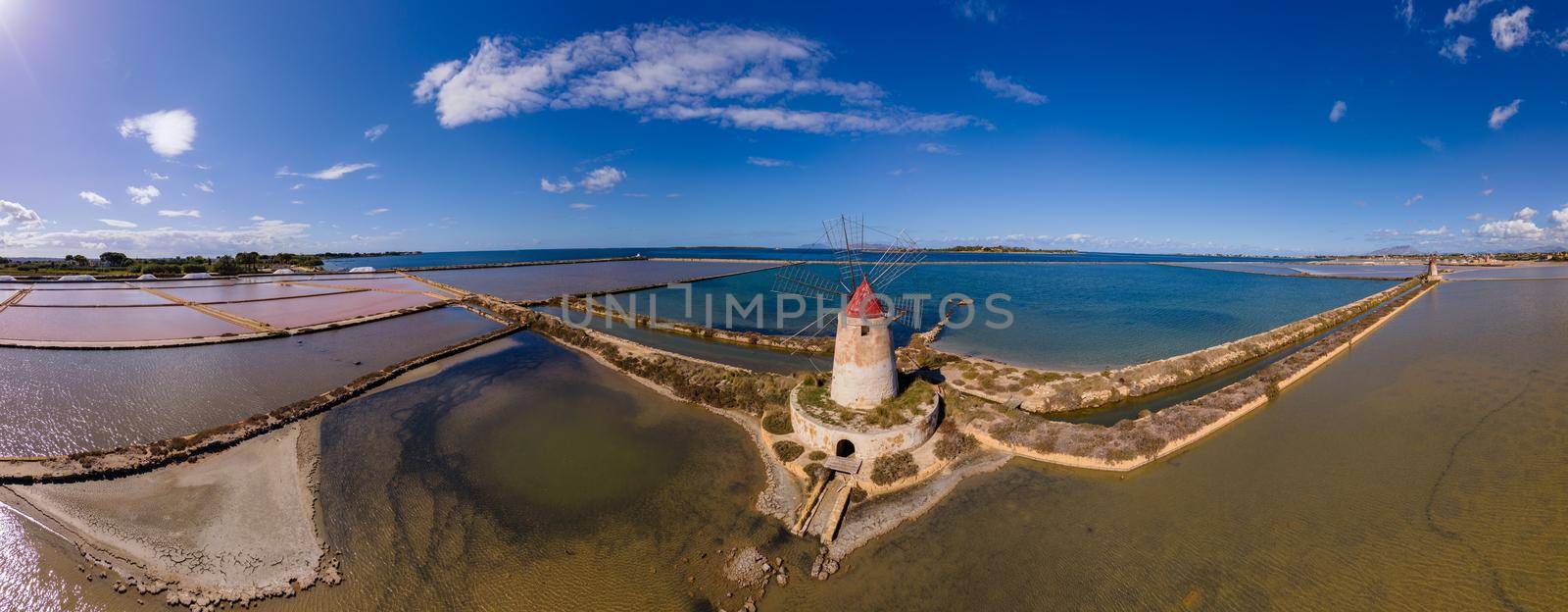 Salt Pans near Marsala, Sicily, Italy, Saline of the Laguna Marsala with windmill by fokkebok