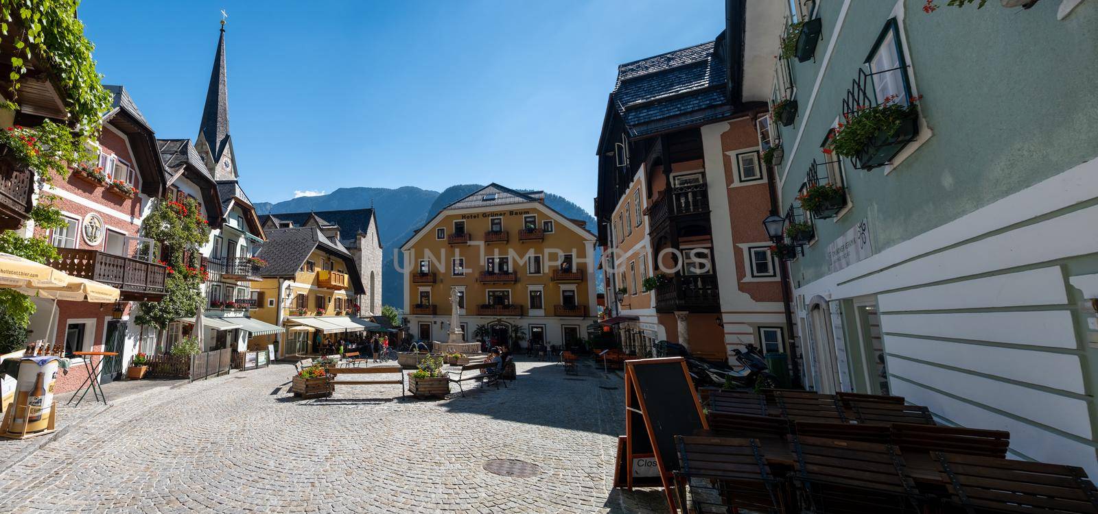 Hallstatt village on Hallstatter lake in Austrian Alps Austria Europe June 2020