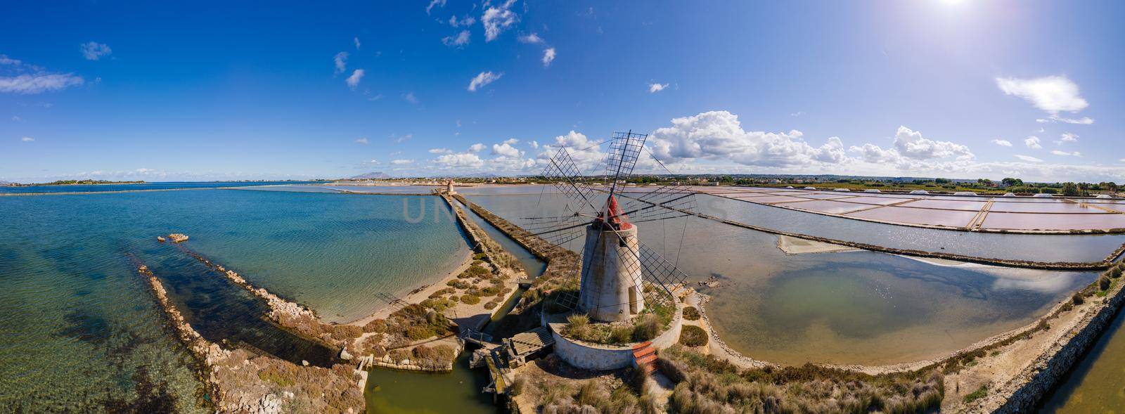Salt Pans near Marsala, Sicily, Italy, Saline of the Laguna Marsala with windmill by fokkebok