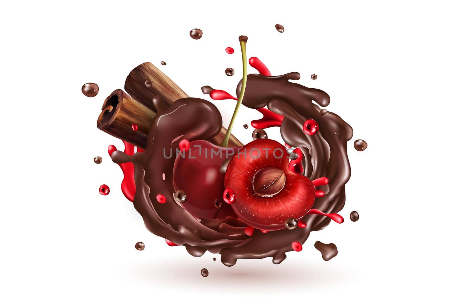 Cherry berries and cinnamon sticks in a chocolate splash. by ConceptCafe