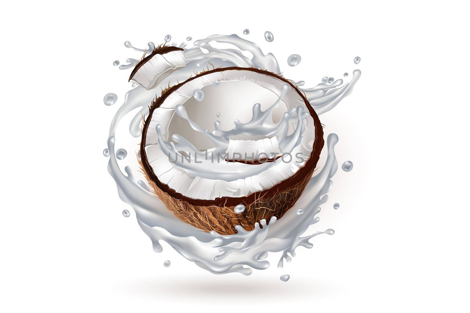 Sliced coconut in a milky splash on a white background.