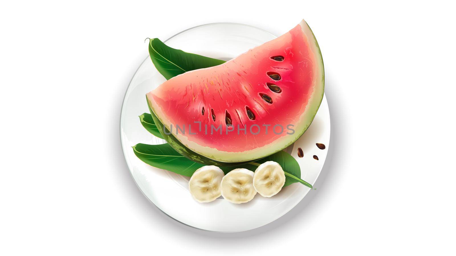 Sliced banana and slice of watermelon on a white plate. A good decoration for an article on healthy eating.