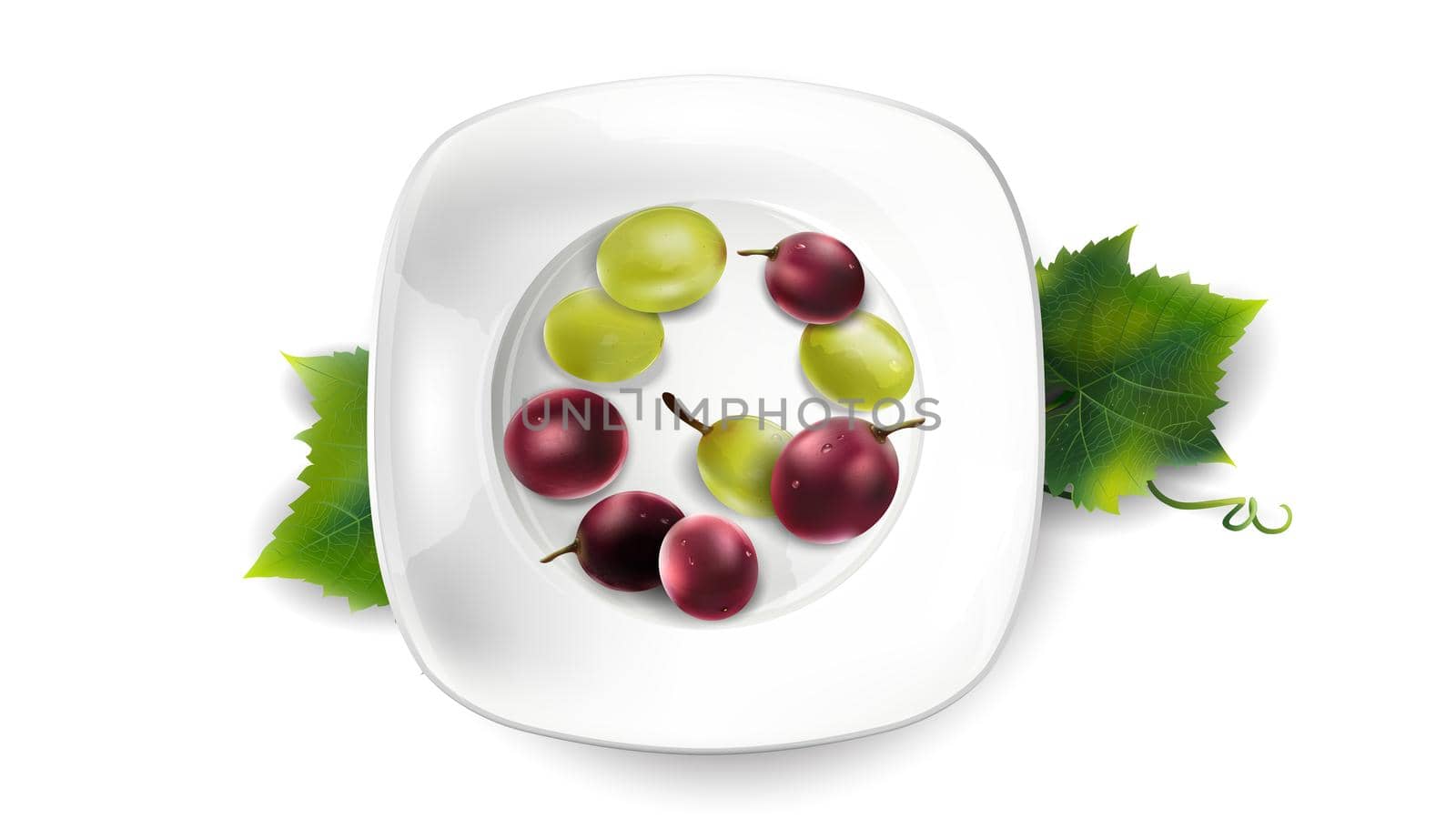 Red and green grapes served on a dish with green leaves.